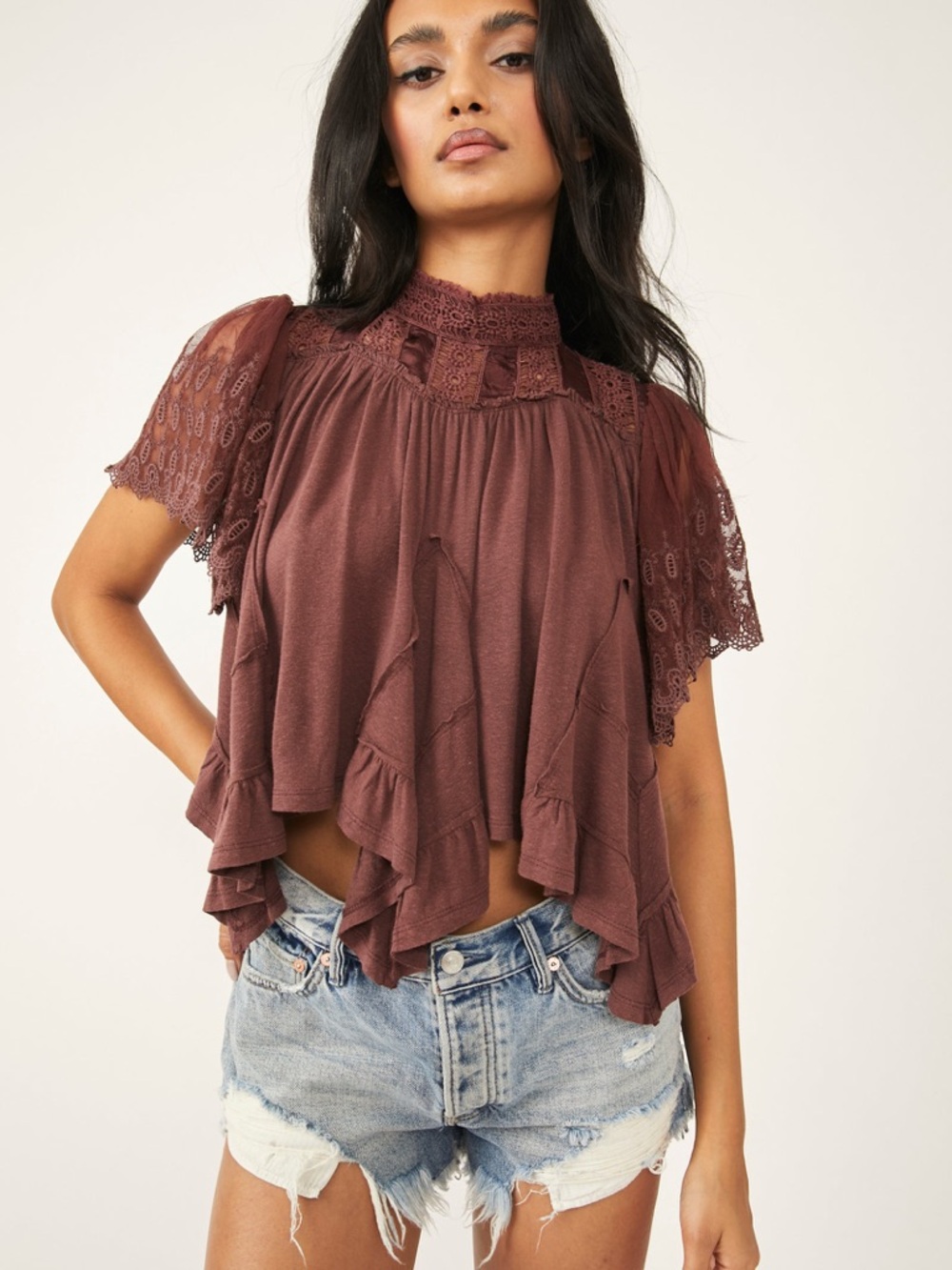 Free People chocolate Brown Ruffled Lace Peasant Top